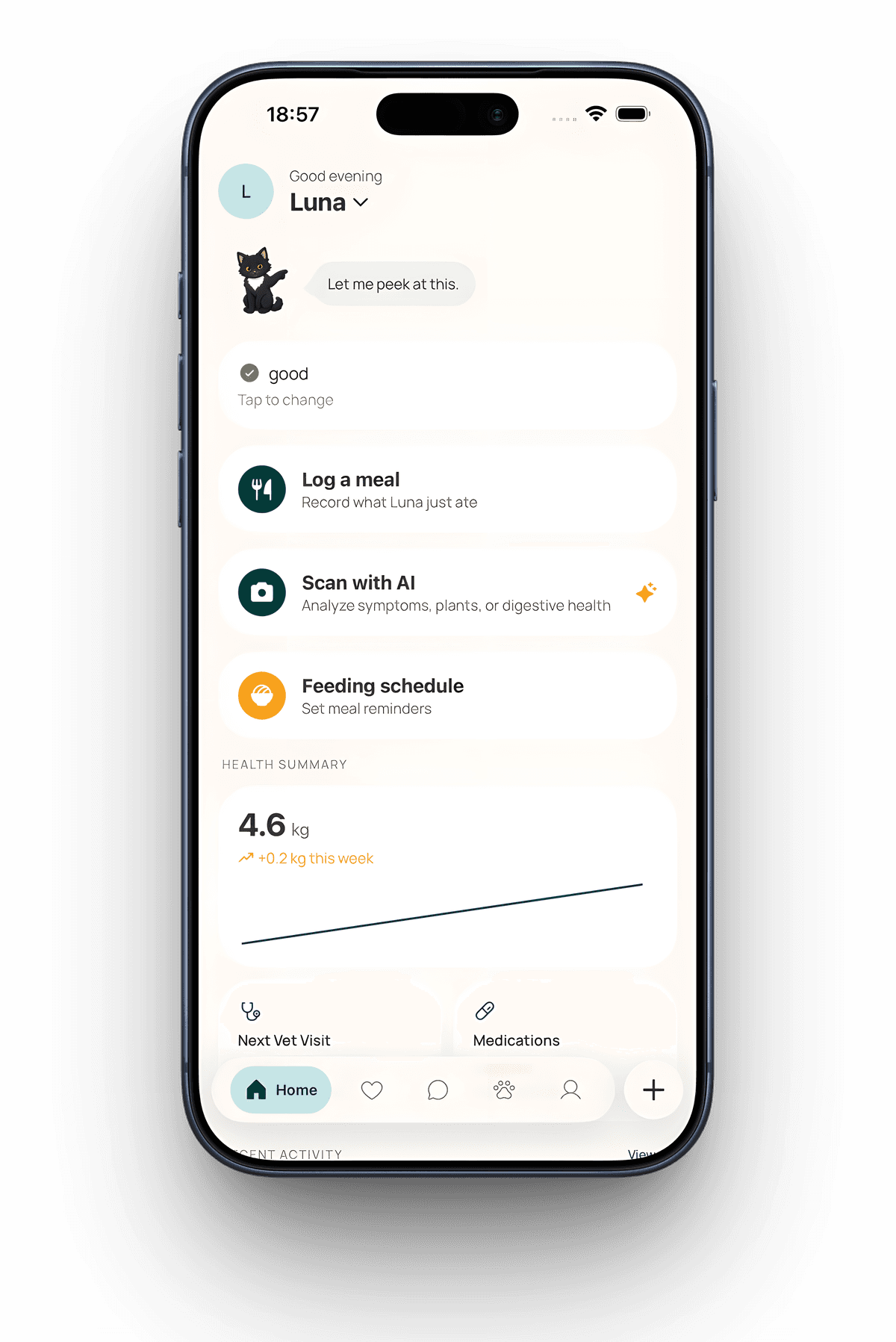 MiauMiau home dashboard showing Luna's daily check-in, meal logging, AI scan, and weight trend